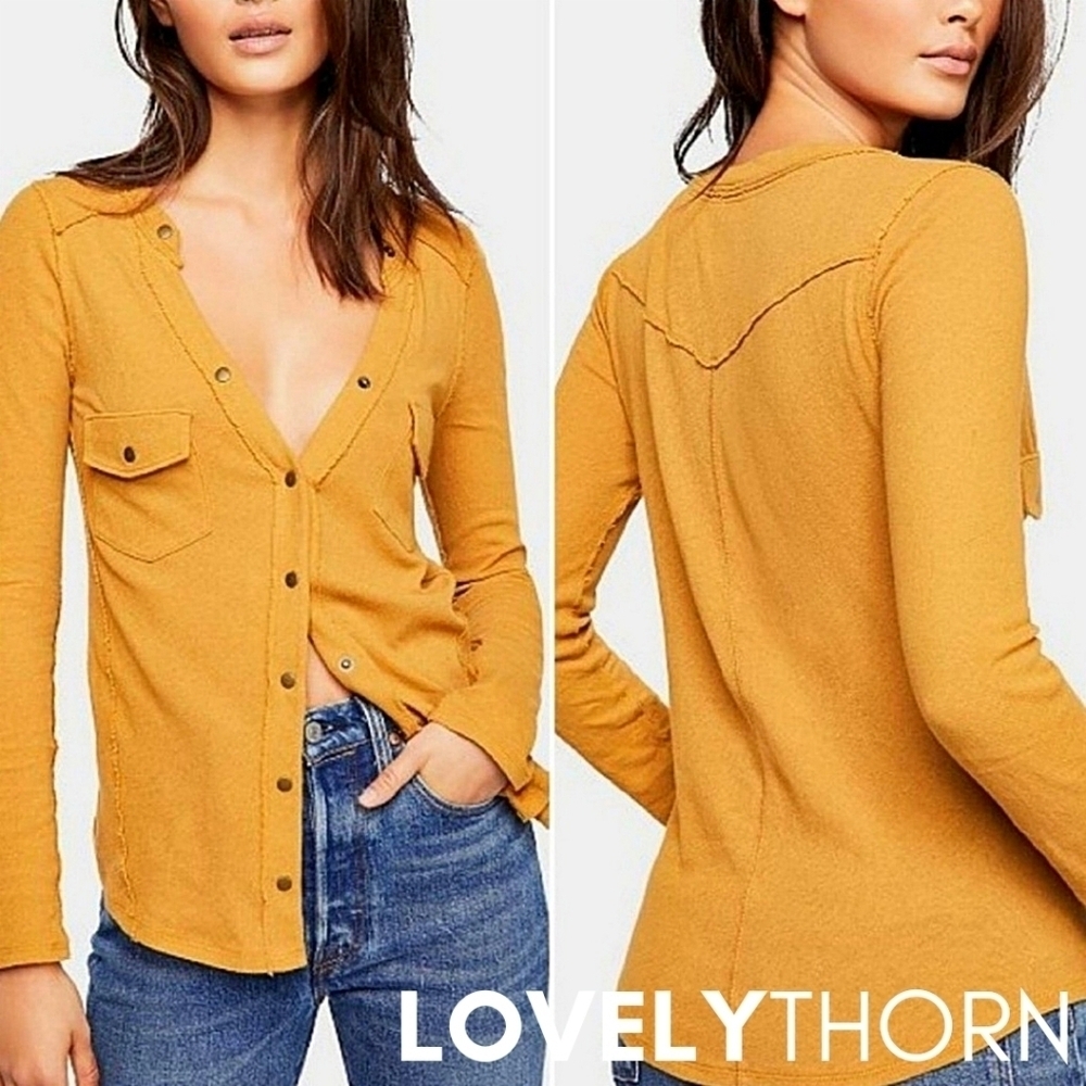 FREE PEOPLE // long sleeve plunge snap button flap pocket woven knit henley - Picture 5 of 16